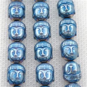 Hematite buddha beads, blue electroplated, approx 9-10mm
