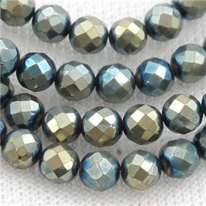 Hematite beads, faceted round, bluegold electroplated, approx 6mm