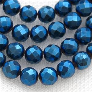 Hematite beads, faceted round, blue electroplated, approx 6mm