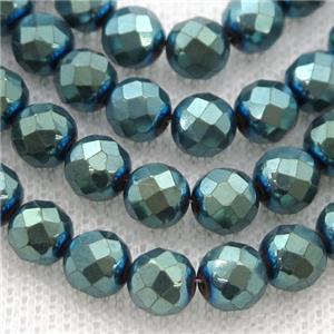 Hematite beads, faceted round, green electroplated, approx 10mm