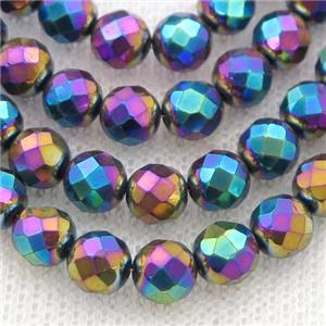 Hematite beads, faceted round, rainbow electroplated, approx 4mm