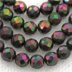 Hematite beads, faceted round, multicolor electroplated, approx 3mm