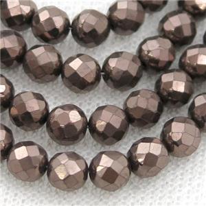 Hematite beads, faceted round, chocolate electroplated, approx 2mm