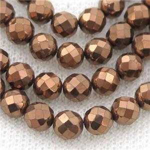 Hematite beads, faceted round, brown electroplated, approx 6mm