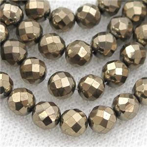 Hematite beads, faceted round, pyrite color electroplated, approx 8mm