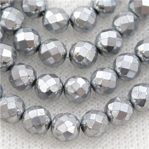 Hematite beads, faceted round, platinum electroplated, approx 3mm