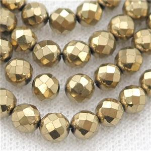 Hematite beads, faceted round, gold electroplated, approx 8mm