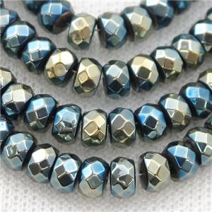 Hematite beads, faceted rondelle, bluegold electroplated, approx 3x4mm
