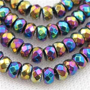 Hematite beads, faceted rondelle, rainbow electroplated, approx 3x4mm