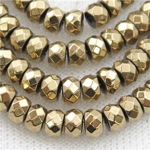 Hematite beads, faceted rondelle, lt.gold electroplated, approx 3x4mm