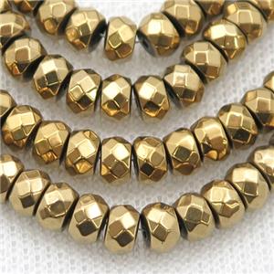 Hematite beads, faceted rondelle, gold electroplated, approx 3x4mm