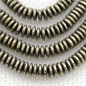 Hematite heishi beads, pyrite color electroplated, approx 1.5x4mm