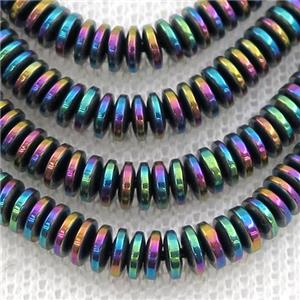 Hematite heishi beads, rainbow electroplated, approx 1.5x5mm