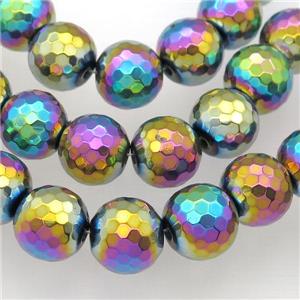 Hematite beads, faceted round, rainbow electroplated, approx 14mm dia