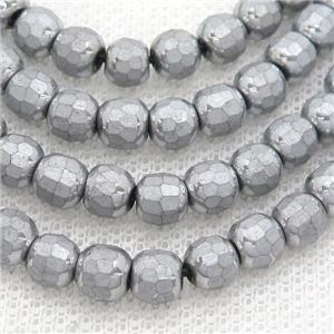 Hematite Beads Faceted Round Platinum Electroplated, approx 6mm