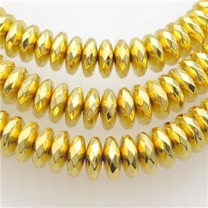 Hematite Beads Faceted Rondelle Shiny Gold, approx 3x8mm