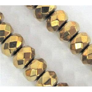 Hematite bead, no-Magnetic, faceted rondelle, gold, approx 4x8mm, 15.5 inches