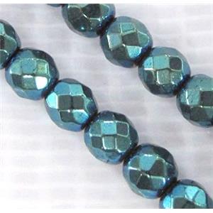 Hematite beads, no-Magnetic, faceted round, blue electroplated, approx 4mm dia, 15.5inches