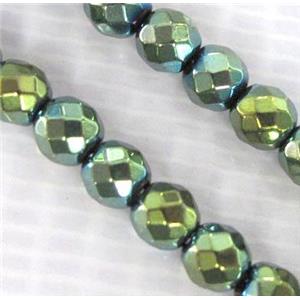 Hematite beads, no-Magnetic, faceted round, green electroplated, approx 3mm dia, 15.5inches