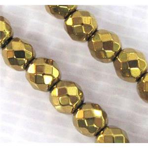 gold plated Hematite beads, no-Magnetic, faceted round, approx 4mm dia, 15.5inches