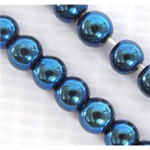 Hematite bead, no-Magnetic, blue electroplated, round, approx 4mm dia