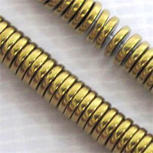 Hematite heishi beads, no-Magnetic, gold electroplated, approx 3x3x1mm