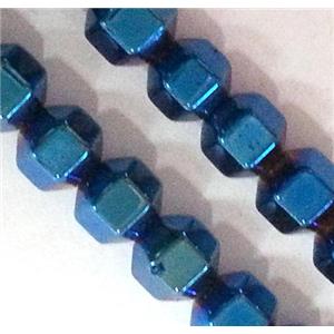 Hematite beads, no-Magnetic, faceted round, 18 face, blue electroplated, approx 4mm dia, 15.5 inches