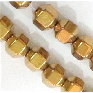 Hematite beads, no-Magnetic, faceted round, 18 face, gold plated, approx 4mm dia, 15.5 inches