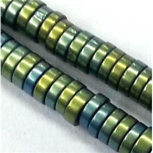 matte Hematite heishi disc beads, no-Magnetic, green electroplated, approx 2x1mm, 15.5 inches