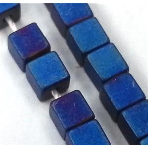 matte Hematite beads, no-Magnetic, cube, blue electroplated, approx 2x2mm, 15.5 inches