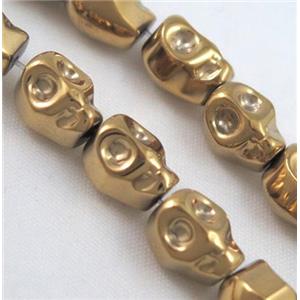 Hematite skull beads, no-magnetic, gold plated, approx 8x12mm