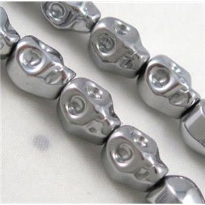 Hematite beads, no-magnetic, skull, silver plated, approx 8x12mm