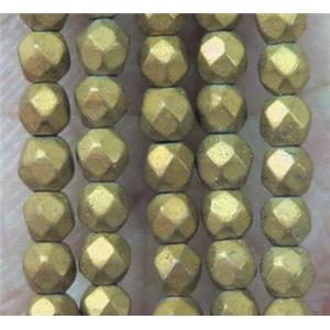 faceted round matte hematite beads, gold plated, approx 3mm dia, 15.5 inches