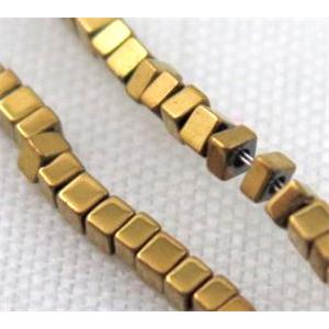 Hematite bead, square, gold electroplated, approx 1x1mm