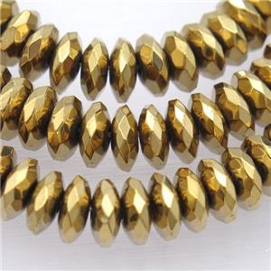Hematite disc beads, faceted heishi, gold electroplated, approx 3x12mm