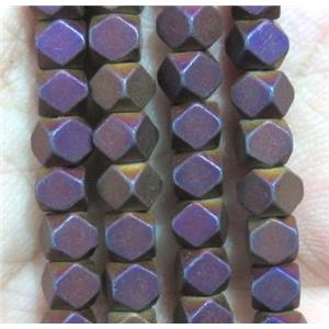 matte Hematite bead, faceted cube, purple electroplated, approx 2x3mm