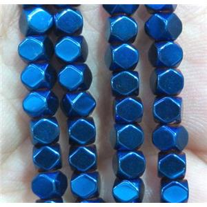 Hematite bead, faceted cube, blue electroplated, approx 2x3mm