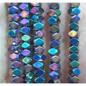 Hematite bead, faceted cube, rainbow electroplated, approx 2x3mm