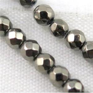 faceted round hematite beads, pyrite color, approx 4mm dia