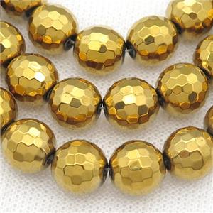 faceted round Hematite beads, gold plated, approx 14mm dia