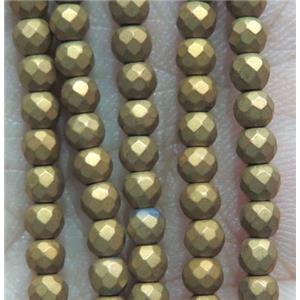 matte hematite beads, faceted round, gold electroplated, approx 3mm dia