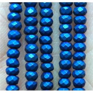 matte hematite beads, faceted rondelle, blue electroplated, approx 2x3mm