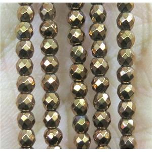 tiny hematite bead, faceted round, gold plated, approx 3mm dia