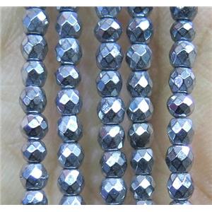 tiny hematite beads, faceted round, silver plated, approx 2mm dia