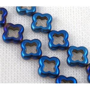 hematite beads, four-leaf clover, blue electroplated, approx 12mm dia