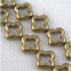 gold hematite beads, four-leaf clover, approx 12mm dia