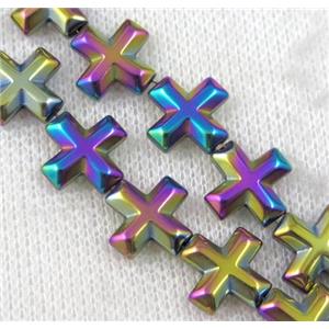 hematite cross beads, rainbow electroplated, approx 8x8mm