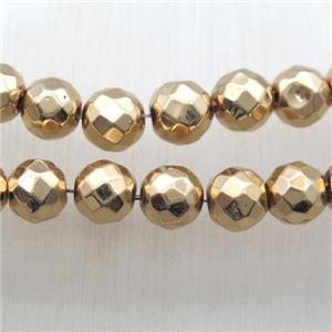 faceted round Hematite Beads, light KC-gold electroplated, approx 8mm dia