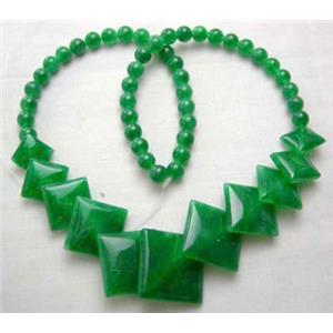 Green Jade Necklace, square, 16 inch long, 40cm length, big square:21mm, round beads:6mm dia