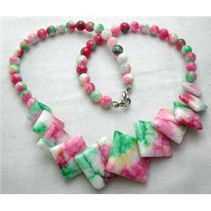 Jade Necklace, Square, Multi color, 40cm length, big square:21mm, round beads:6mm dia